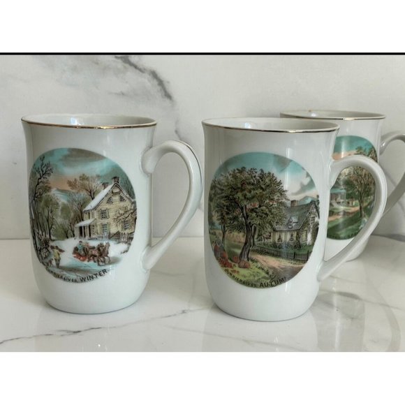 Vintage Set of 4 Currier and Ives Seasons Cups Mugs Winter Autumn Spring Summer - Picture 2 of 10
